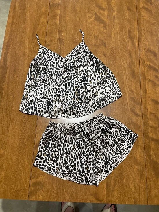ASOS Leopard Print Satin Tank Shorts Pajama Set Leopard Cheetah Animal Print 6 - Picture 2 of 9